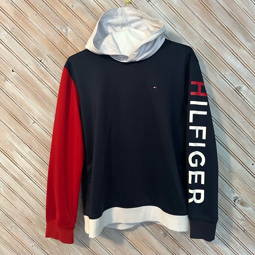 Tommy Hilfiger Men's Navy, Red, and White Hoodie Missing String Front Pocket